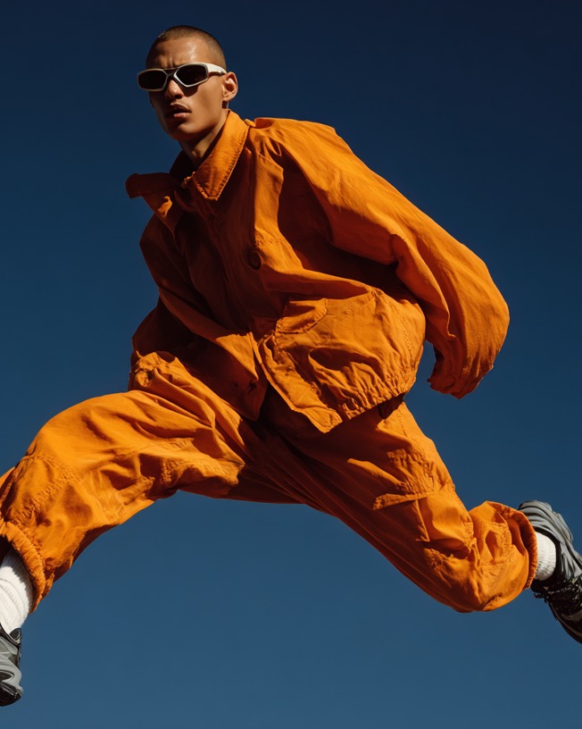 An ad visual: a model in an orange tracksuit mid-jump against a deep blue sky
