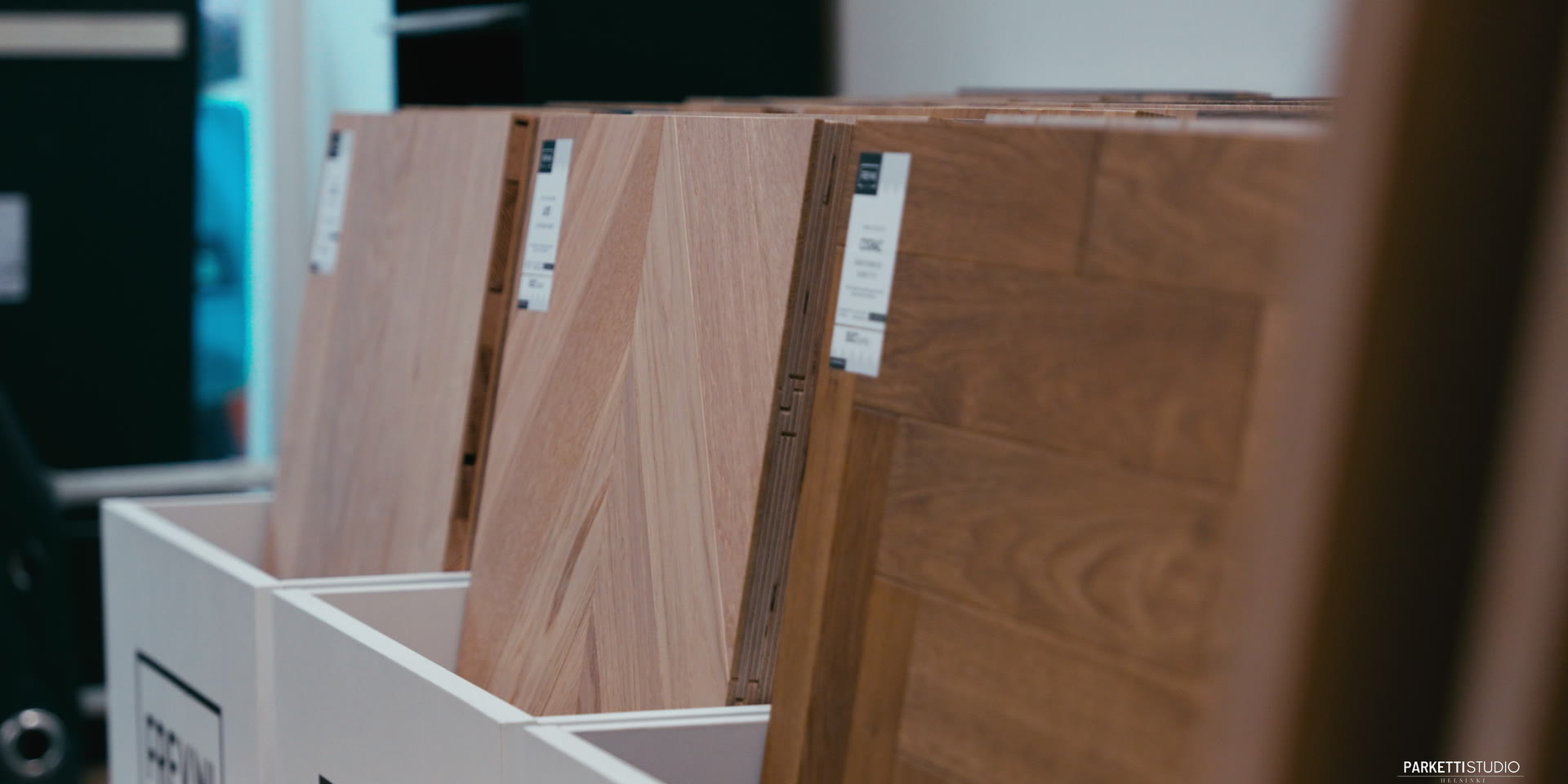 Wood flooring sample boards in the Parkettistudio showroom