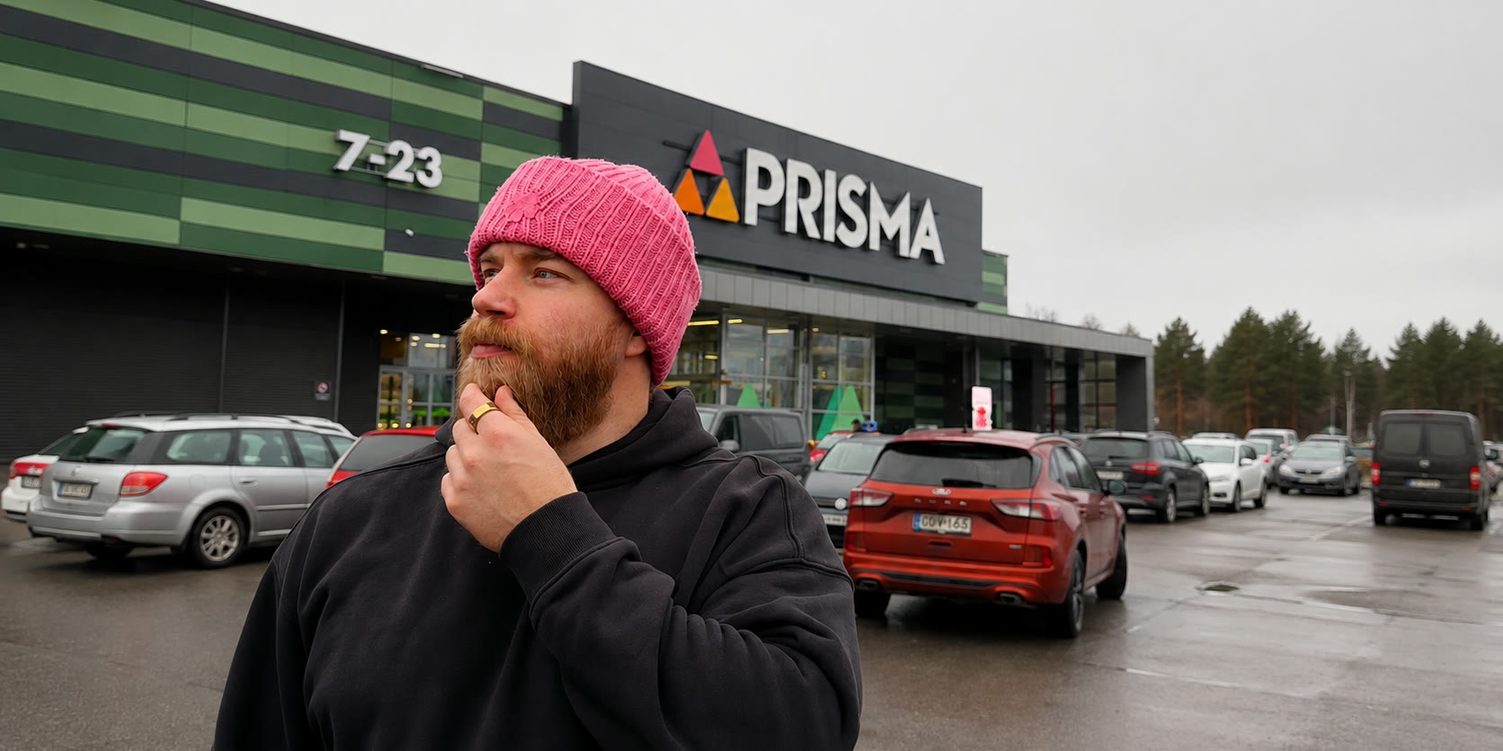 Creator in a pink beanie outside the Prisma store in the Sport Attire campaign
